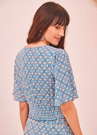 Printed Short Sleeve Embroidered Cross Over Blouse