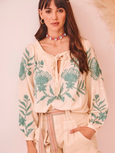 Long Sleeve Embroidered Blouse Ecru / Green