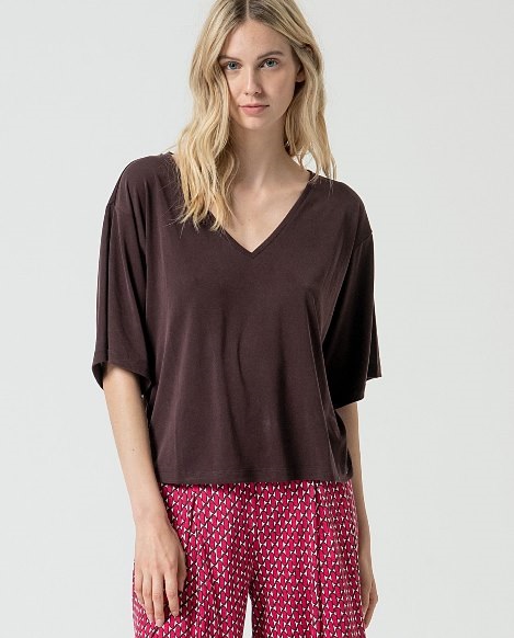 V neck Top Loose Fit Brown