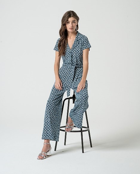 Long Jumpsuit Short Sleeves Blue