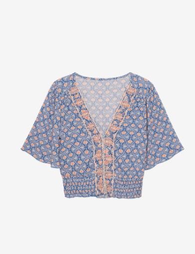 Printed Short Sleeve Embroidered Cross Over Blouse