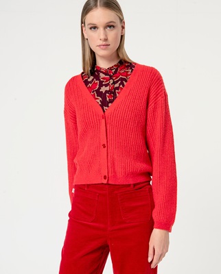 Short Cardigan V Neck Red