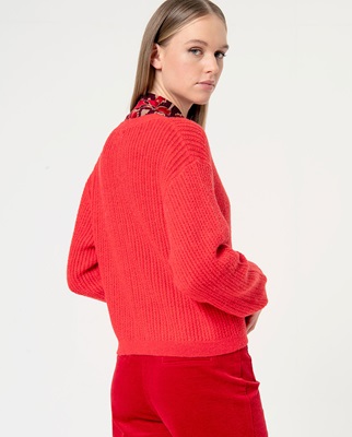 Short Cardigan V Neck Red